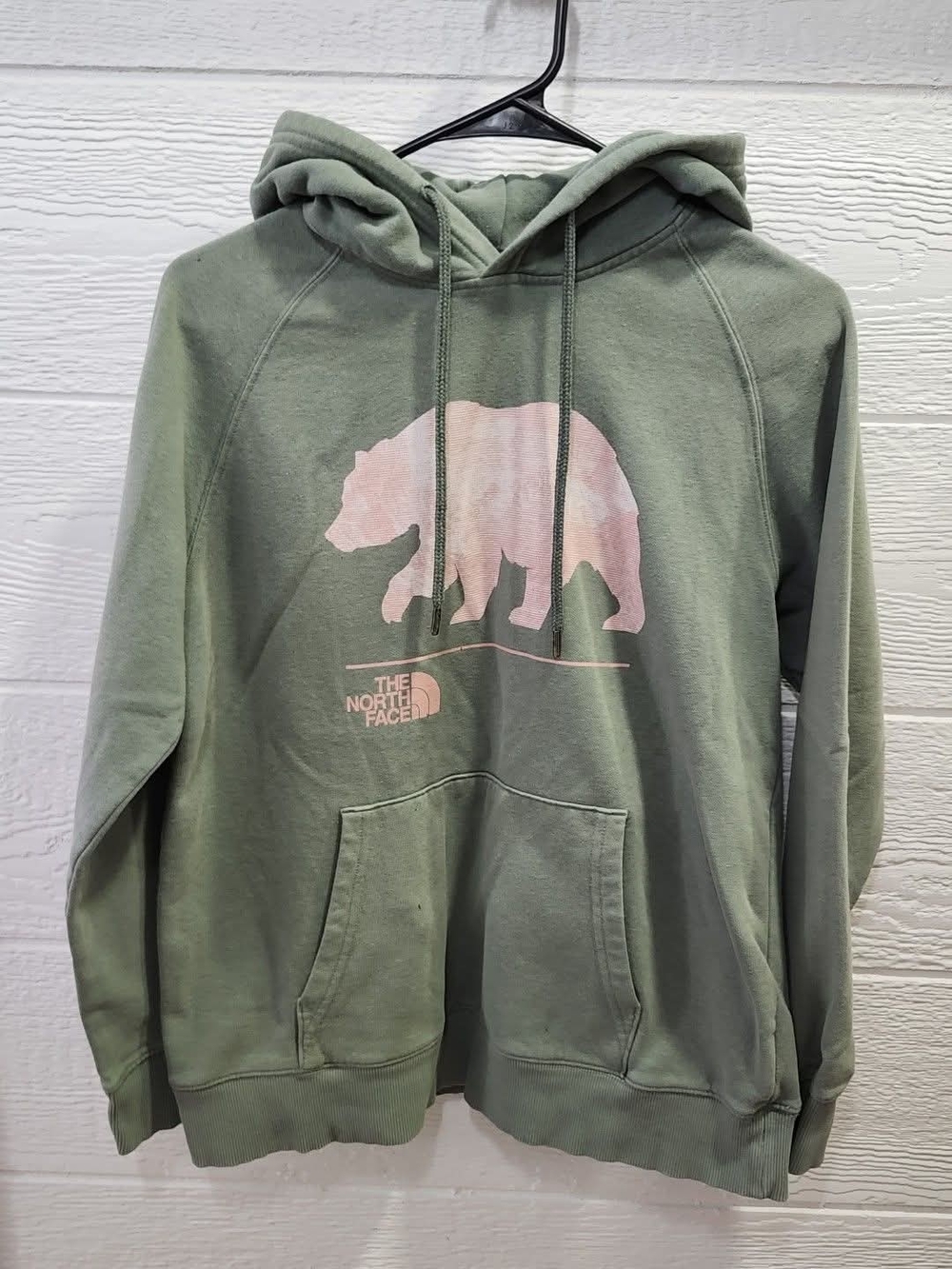 The North Face Sage Green Hoodie with Pink Bear Print